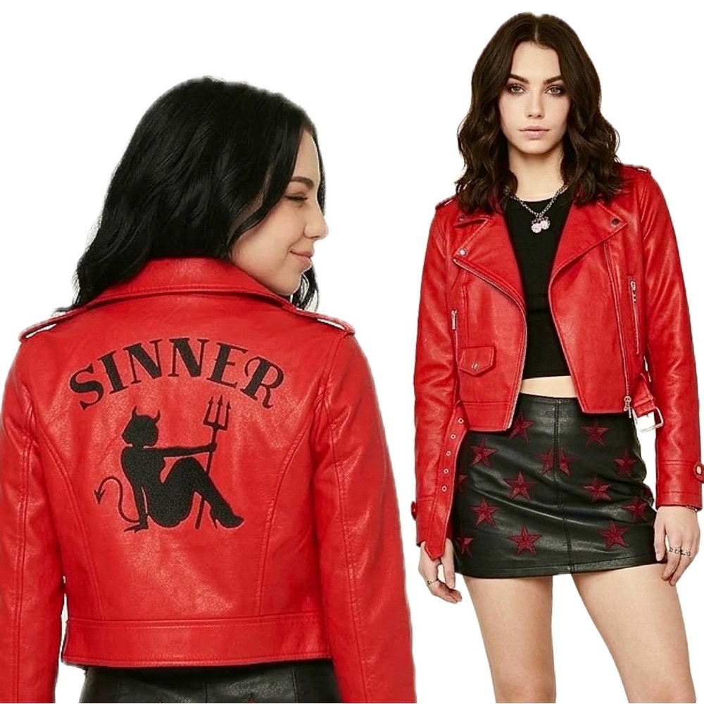 Current Mood Born Sinner Moto Jacket red & black faux Leather small NWT - Picture 11 of 16